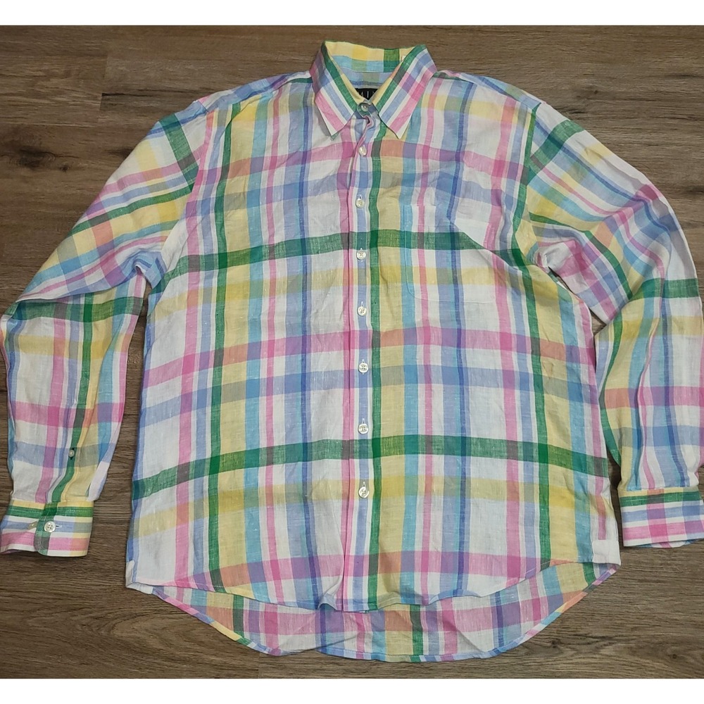 MINE men L Button Shirt Long sleeve 100% Linen Plaid Multicolor